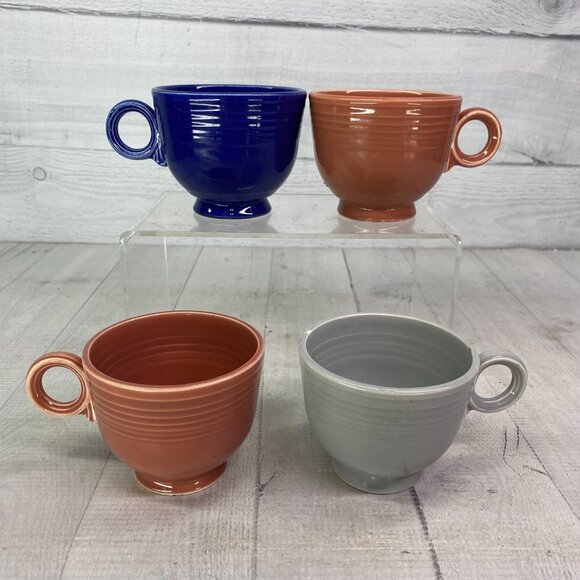Vintage FIESTAWARE Blue Yellow & Two Pink Ring Handle Tea Coffee 6 oz Cups Set 4 - Picture 2 of 14